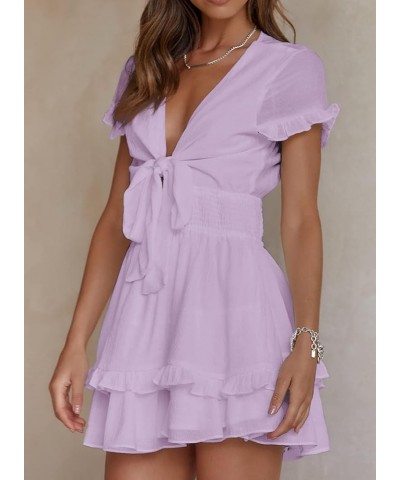 Women Summer Dress 2023 Short Sleeve Front Knot V Neck Elastic Wasit Ruffle Swing Mini Dresses B Purple $26.00 Swimsuits