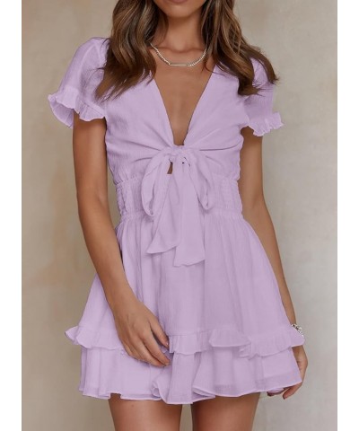 Women Summer Dress 2023 Short Sleeve Front Knot V Neck Elastic Wasit Ruffle Swing Mini Dresses B Purple $26.00 Swimsuits