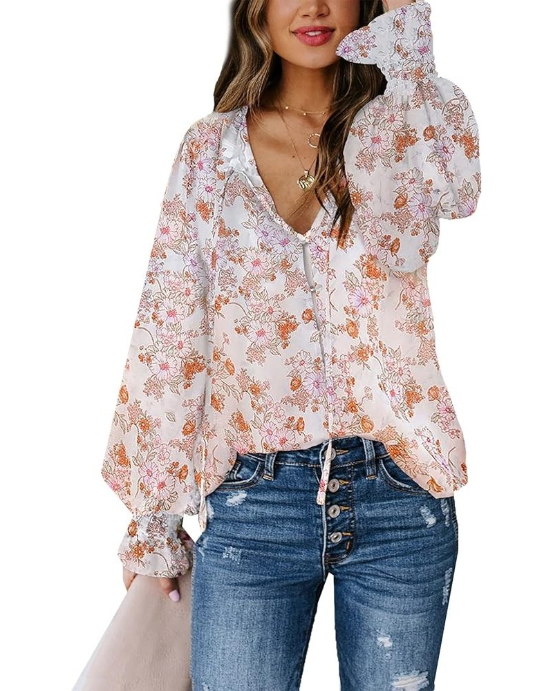 SHEWIN Women's Casual Boho Floral Print V Neck Long Sleeve Drawstring Tops Loose Blouses Button Down Shirts B-z-white $14.95 ...