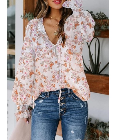 SHEWIN Women's Casual Boho Floral Print V Neck Long Sleeve Drawstring Tops Loose Blouses Button Down Shirts B-z-white $14.95 ...