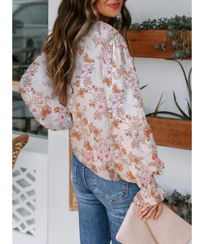 SHEWIN Women's Casual Boho Floral Print V Neck Long Sleeve Drawstring Tops Loose Blouses Button Down Shirts B-z-white $14.95 ...