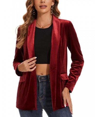 Women's Velvet Blazer Long Sleeve Jacket Shawl Lapel Open Front Casual Blazers Jackets with Pockets Wine Red $29.39 Blazers