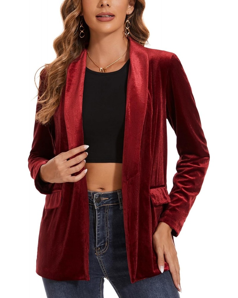 Women's Velvet Blazer Long Sleeve Jacket Shawl Lapel Open Front Casual Blazers Jackets with Pockets Wine Red $29.39 Blazers