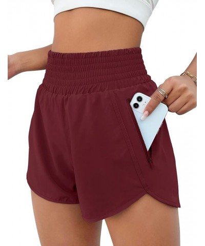 Women's Athletic Shorts High Waisted Running Shorts Pocket Sporty Short Gym Elastic Workout Shorts 2.5'' High waisted Wine Re...