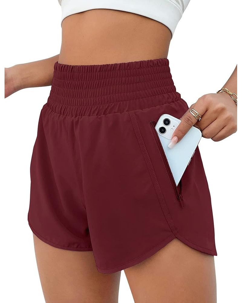 Women's Athletic Shorts High Waisted Running Shorts Pocket Sporty Short Gym Elastic Workout Shorts 2.5'' High waisted Wine Re...