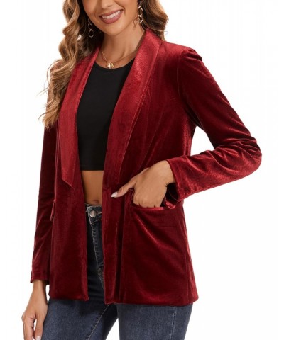 Women's Velvet Blazer Long Sleeve Jacket Shawl Lapel Open Front Casual Blazers Jackets with Pockets Wine Red $29.39 Blazers