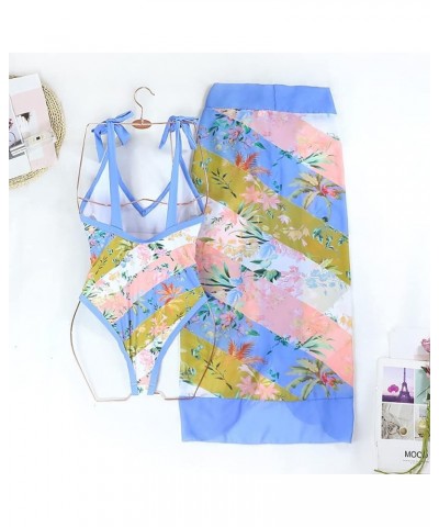 Womens One Piece Swimsuit with Swimsuit Coverup Wrap Skirt Floral Print V Neck Tummy Conrol Bathing Suit Monokini 2pc Blue $2...