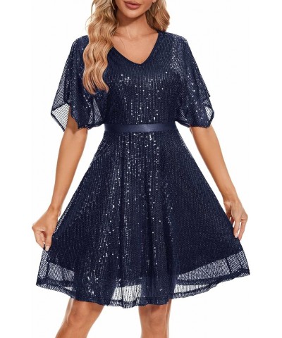 Women's Sparkly Sequin Dress Bat Sleeves Cocktail Dress Glitter Club Dress Navy $26.40 Dresses