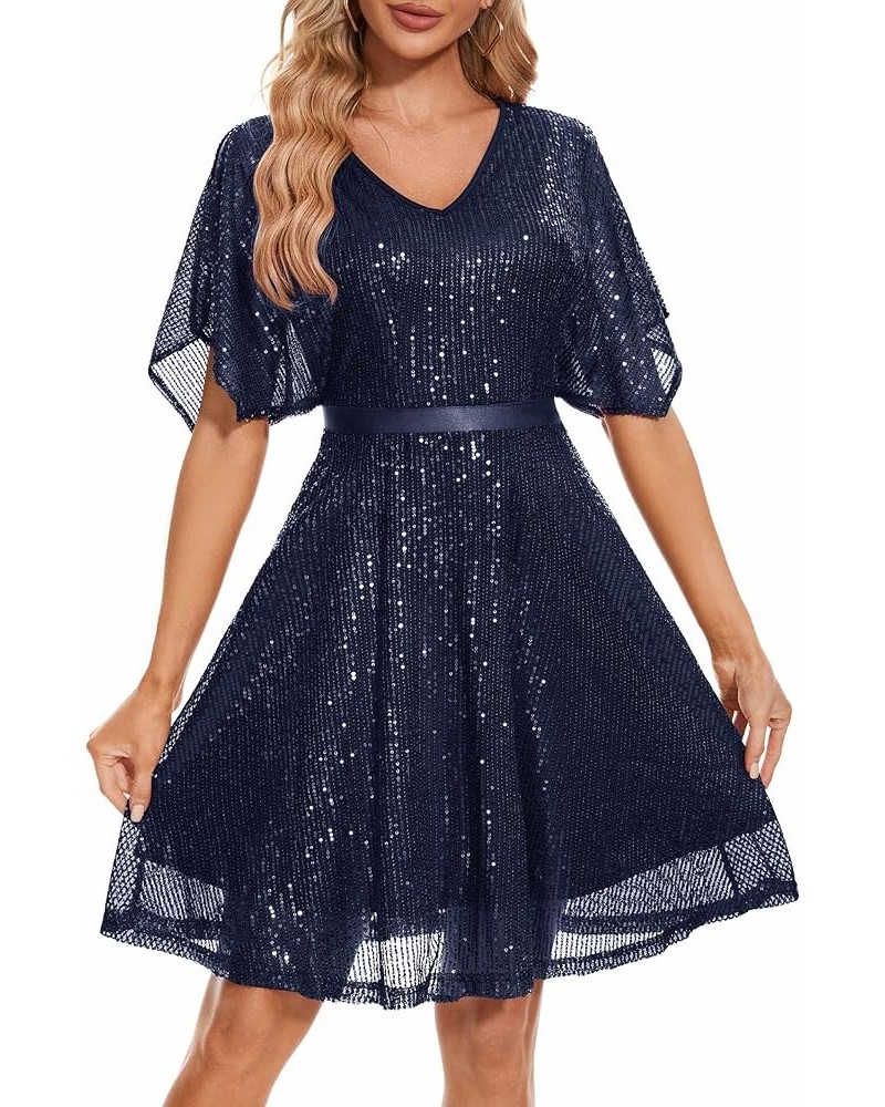 Women's Sparkly Sequin Dress Bat Sleeves Cocktail Dress Glitter Club Dress Navy $26.40 Dresses