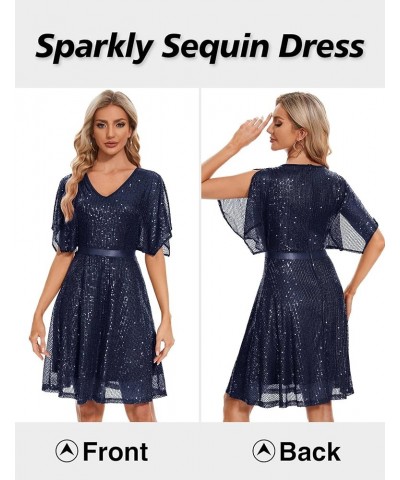 Women's Sparkly Sequin Dress Bat Sleeves Cocktail Dress Glitter Club Dress Navy $26.40 Dresses