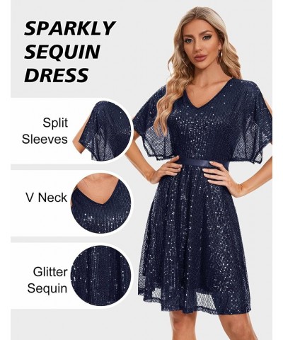 Women's Sparkly Sequin Dress Bat Sleeves Cocktail Dress Glitter Club Dress Navy $26.40 Dresses