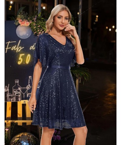 Women's Sparkly Sequin Dress Bat Sleeves Cocktail Dress Glitter Club Dress Navy $26.40 Dresses