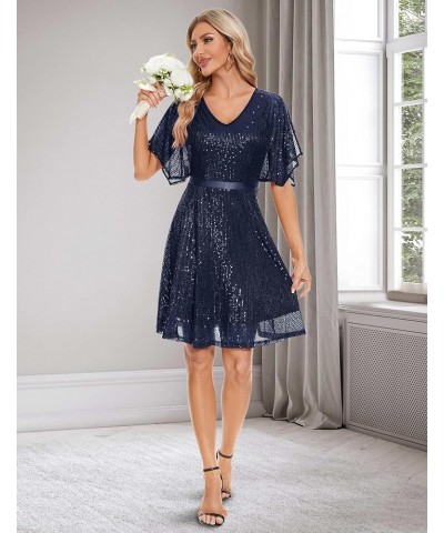 Women's Sparkly Sequin Dress Bat Sleeves Cocktail Dress Glitter Club Dress Navy $26.40 Dresses