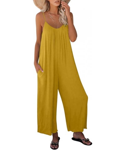 Women's Loose Sleeveless Jumpsuits Adjustable Spaghetti Strap Stretchy Long Pant Romper Jumpsuit with Pockets A Yellow $13.29...