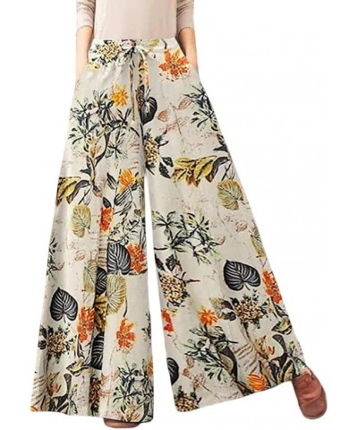 Womens Plus Size Floral Print High Waist Linen Wide Leg Pants Casual Drawstring Palazzo Pants Trousers with Pockets 1 $11.84 ...