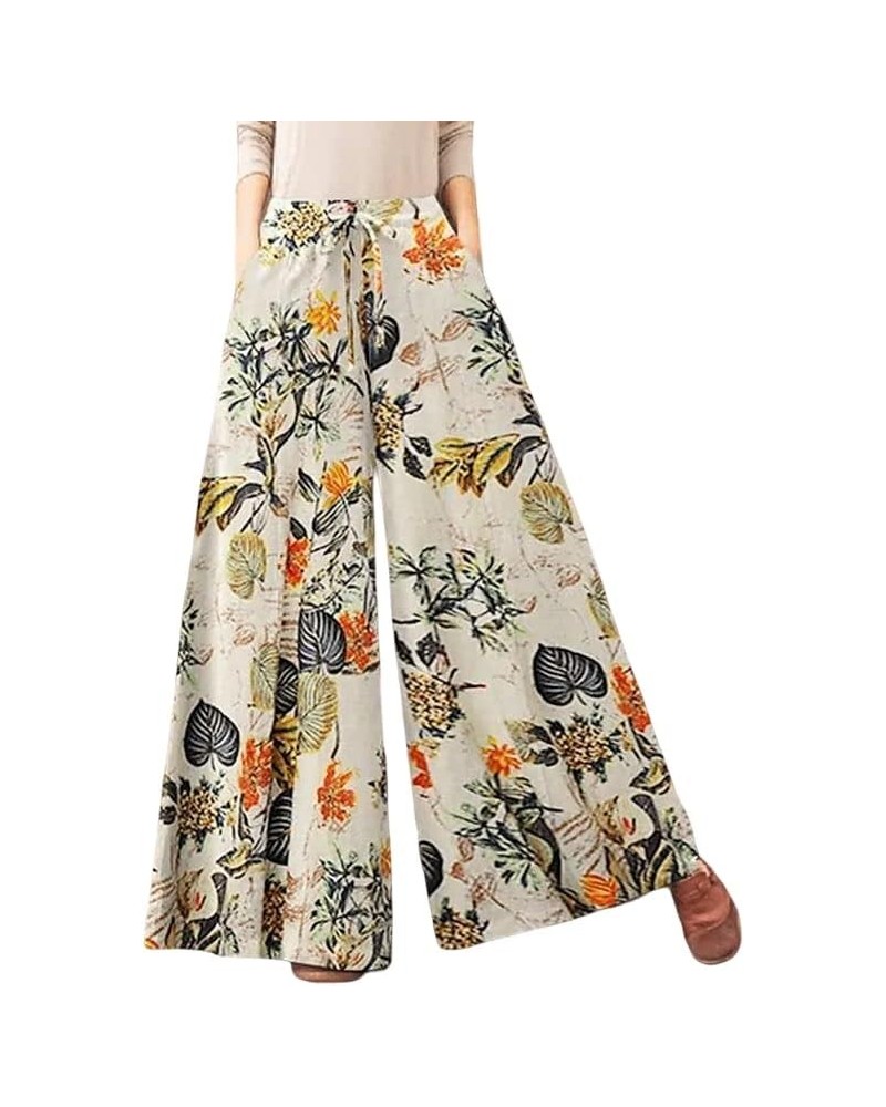 Womens Plus Size Floral Print High Waist Linen Wide Leg Pants Casual Drawstring Palazzo Pants Trousers with Pockets 1 $11.84 ...