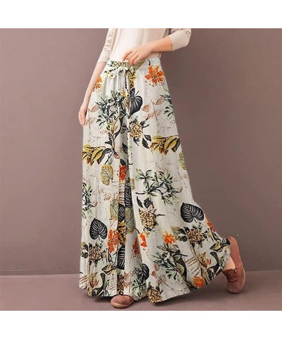 Womens Plus Size Floral Print High Waist Linen Wide Leg Pants Casual Drawstring Palazzo Pants Trousers with Pockets 1 $11.84 ...