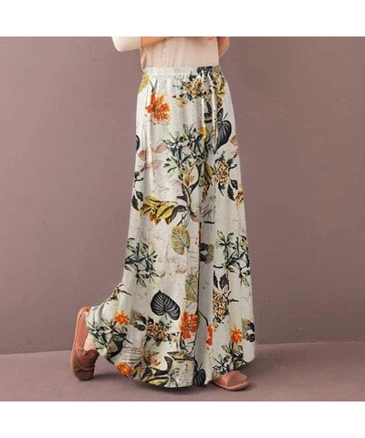 Womens Plus Size Floral Print High Waist Linen Wide Leg Pants Casual Drawstring Palazzo Pants Trousers with Pockets 1 $11.84 ...