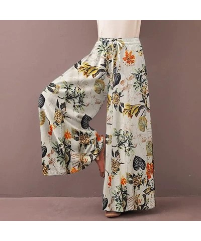 Womens Plus Size Floral Print High Waist Linen Wide Leg Pants Casual Drawstring Palazzo Pants Trousers with Pockets 1 $11.84 ...