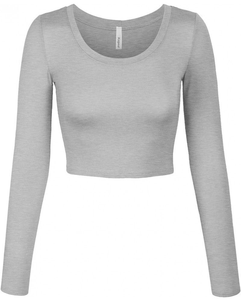 Womens Long Sleeve Crop Top Solid Round Neck T Shirt 224_heathergray $14.15 T-Shirts