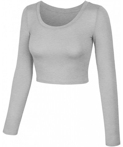 Womens Long Sleeve Crop Top Solid Round Neck T Shirt 224_heathergray $14.15 T-Shirts