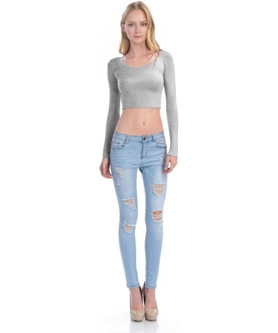 Womens Long Sleeve Crop Top Solid Round Neck T Shirt 224_heathergray $14.15 T-Shirts