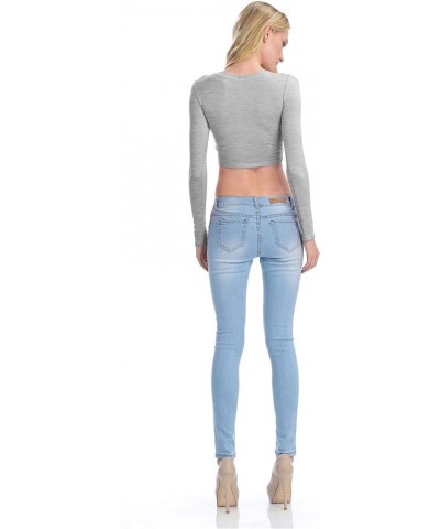 Womens Long Sleeve Crop Top Solid Round Neck T Shirt 224_heathergray $14.15 T-Shirts