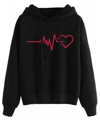 Women's Heart Print Hoodies Drawstring Long Sleeve Pullovers Tops Sweatshirts Fashion Loose Fit Comfy Fall Shirts A02_black $...