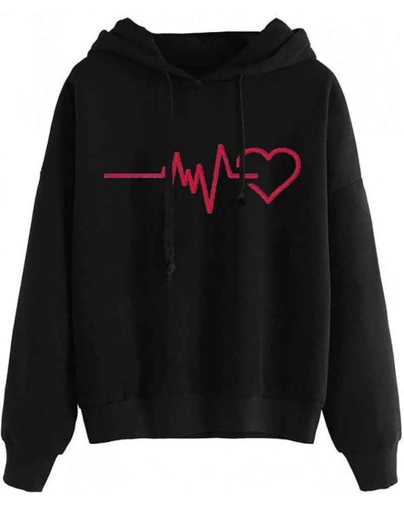 Women's Heart Print Hoodies Drawstring Long Sleeve Pullovers Tops Sweatshirts Fashion Loose Fit Comfy Fall Shirts A02_black $...