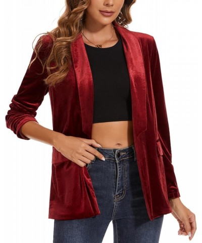 Women's Velvet Blazer Long Sleeve Jacket Shawl Lapel Open Front Casual Blazers Jackets with Pockets Wine Red $29.39 Blazers