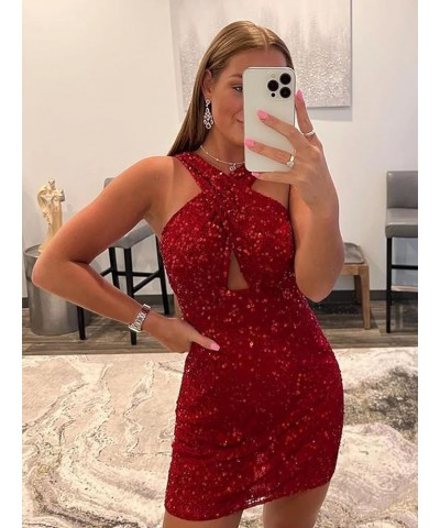 Women's Halter Homecoming Dresses Short for Teens Sparkly Sequins Open Back Formal Cocktail Gown Wisteria $24.75 Dresses