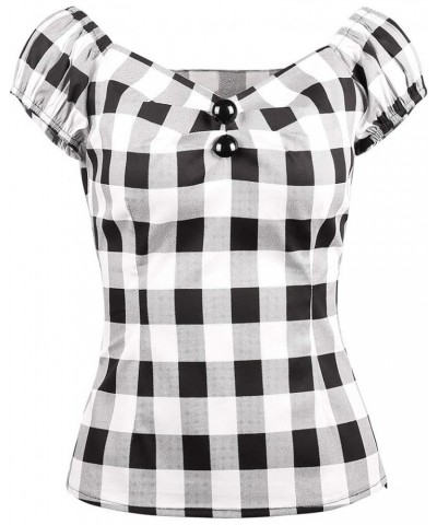 Women's Rockabilly Tops 1950s Pinup Shirt Casual Off Shoulder Vintage Blouse Black White Plaid $17.39 Blouses