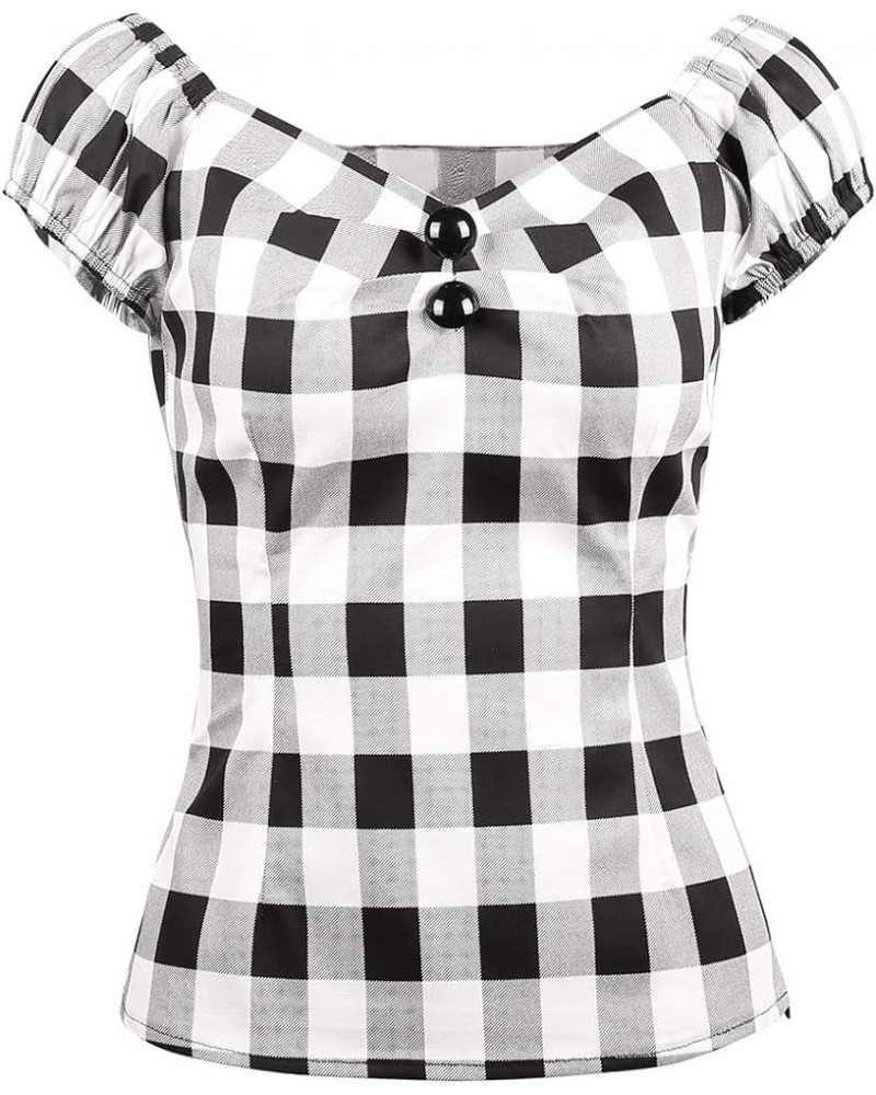 Women's Rockabilly Tops 1950s Pinup Shirt Casual Off Shoulder Vintage Blouse Black White Plaid $17.39 Blouses