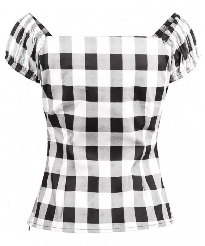 Women's Rockabilly Tops 1950s Pinup Shirt Casual Off Shoulder Vintage Blouse Black White Plaid $17.39 Blouses