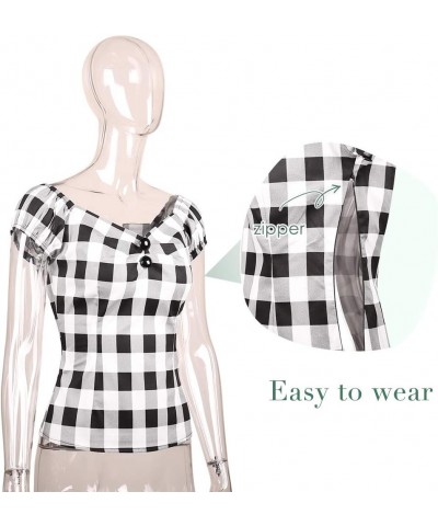 Women's Rockabilly Tops 1950s Pinup Shirt Casual Off Shoulder Vintage Blouse Black White Plaid $17.39 Blouses