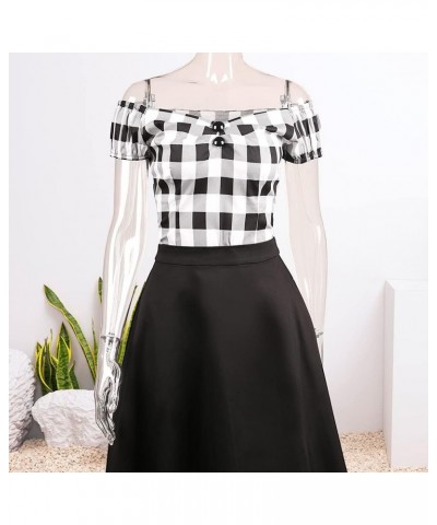 Women's Rockabilly Tops 1950s Pinup Shirt Casual Off Shoulder Vintage Blouse Black White Plaid $17.39 Blouses