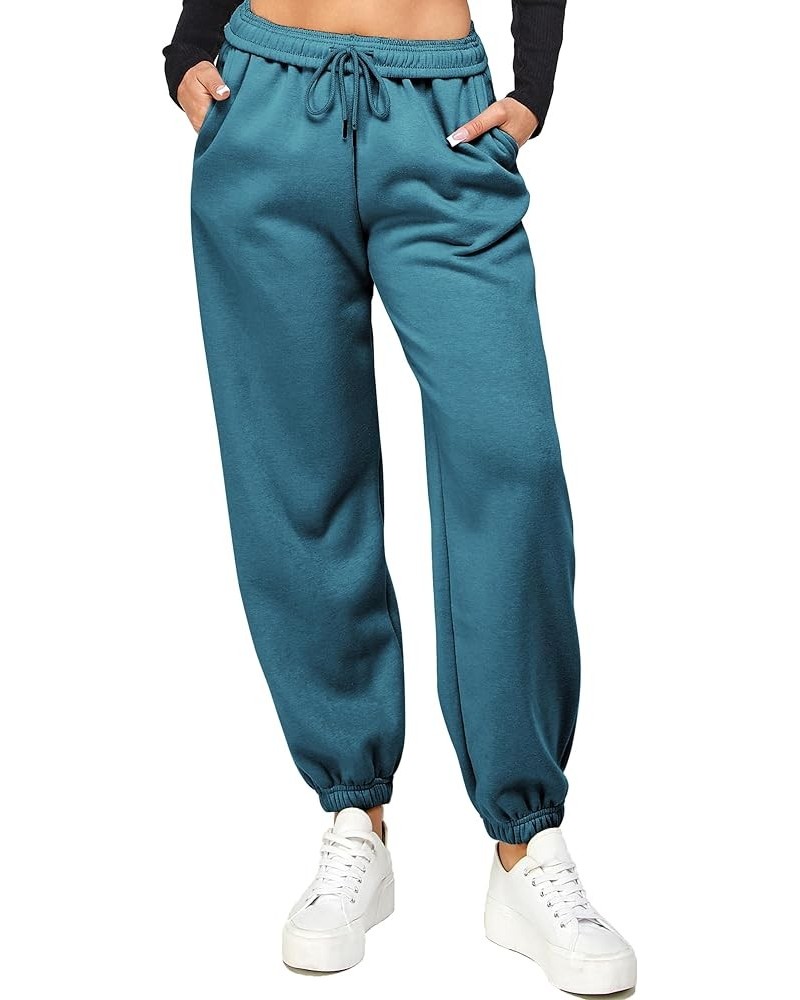 Women’s Casual Baggy Fleece Sweatpants Foldable High Waisted Joggers Pants Warm Lounge Trousers with Pockets Lyson Blue $13.3...