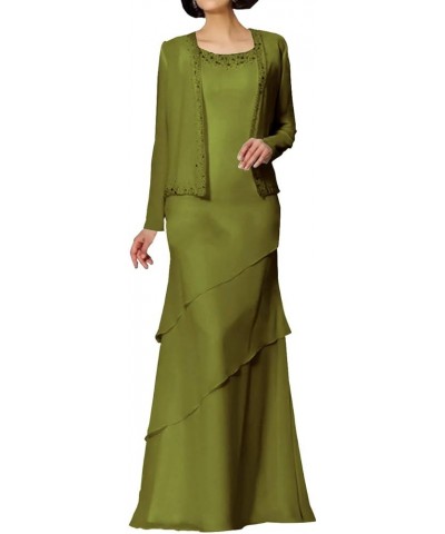 Mother of The Bride Dresses Long Evening Formal Gowns Chiffon Beaded Jacket Tiered Modest Wedding Guest Groom Women's Olive G...