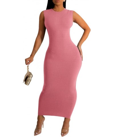 Women's Basic Round Neck Sleeveless Ribbed Bodycon Maxi Dress Casual Summer Tank Top Long Dresses A-pink $16.95 Dresses