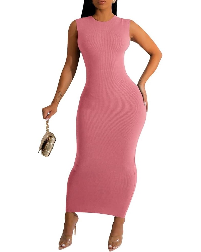 Women's Basic Round Neck Sleeveless Ribbed Bodycon Maxi Dress Casual Summer Tank Top Long Dresses A-pink $16.95 Dresses