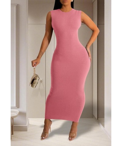 Women's Basic Round Neck Sleeveless Ribbed Bodycon Maxi Dress Casual Summer Tank Top Long Dresses A-pink $16.95 Dresses