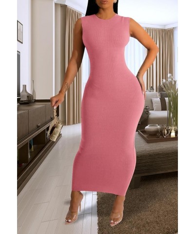 Women's Basic Round Neck Sleeveless Ribbed Bodycon Maxi Dress Casual Summer Tank Top Long Dresses A-pink $16.95 Dresses