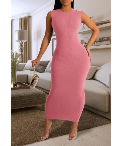 Women's Basic Round Neck Sleeveless Ribbed Bodycon Maxi Dress Casual Summer Tank Top Long Dresses A-pink $16.95 Dresses