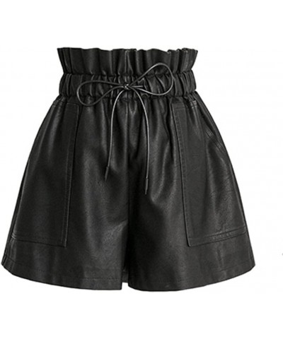 High Waisted Wide Leg Black Faux Leather Shorts for Women Black $18.14 Shorts