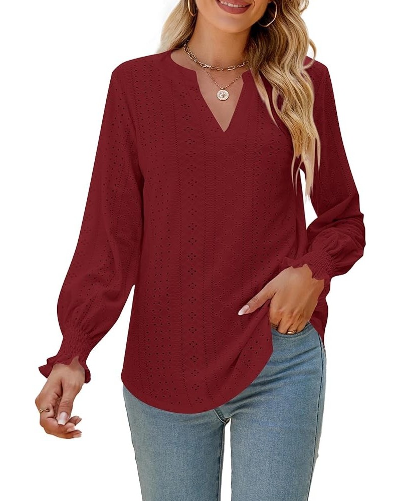 Women's Casual Flounce Long Sleeve Notch V Neck Cut Out Blouse Shirt Tunic Top Burgundy $14.00 Tops