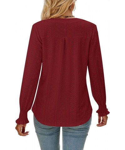 Women's Casual Flounce Long Sleeve Notch V Neck Cut Out Blouse Shirt Tunic Top Burgundy $14.00 Tops