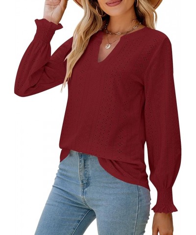 Women's Casual Flounce Long Sleeve Notch V Neck Cut Out Blouse Shirt Tunic Top Burgundy $14.00 Tops