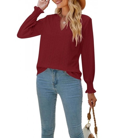 Women's Casual Flounce Long Sleeve Notch V Neck Cut Out Blouse Shirt Tunic Top Burgundy $14.00 Tops