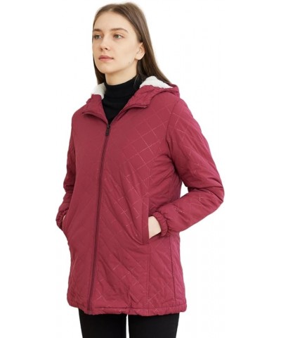 Womens Winter Outdoor Two-Pocket Fleece Hooded Long Warm Zipper Jacket Wine-red $18.04 Jackets