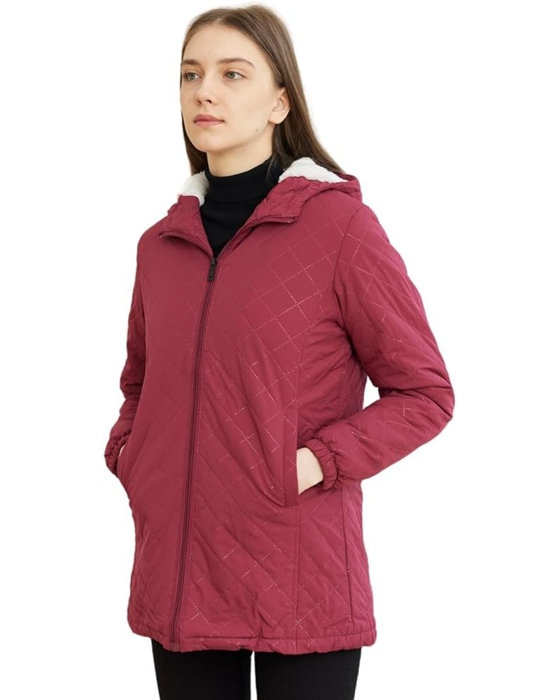 Womens Winter Outdoor Two-Pocket Fleece Hooded Long Warm Zipper Jacket Wine-red $18.04 Jackets